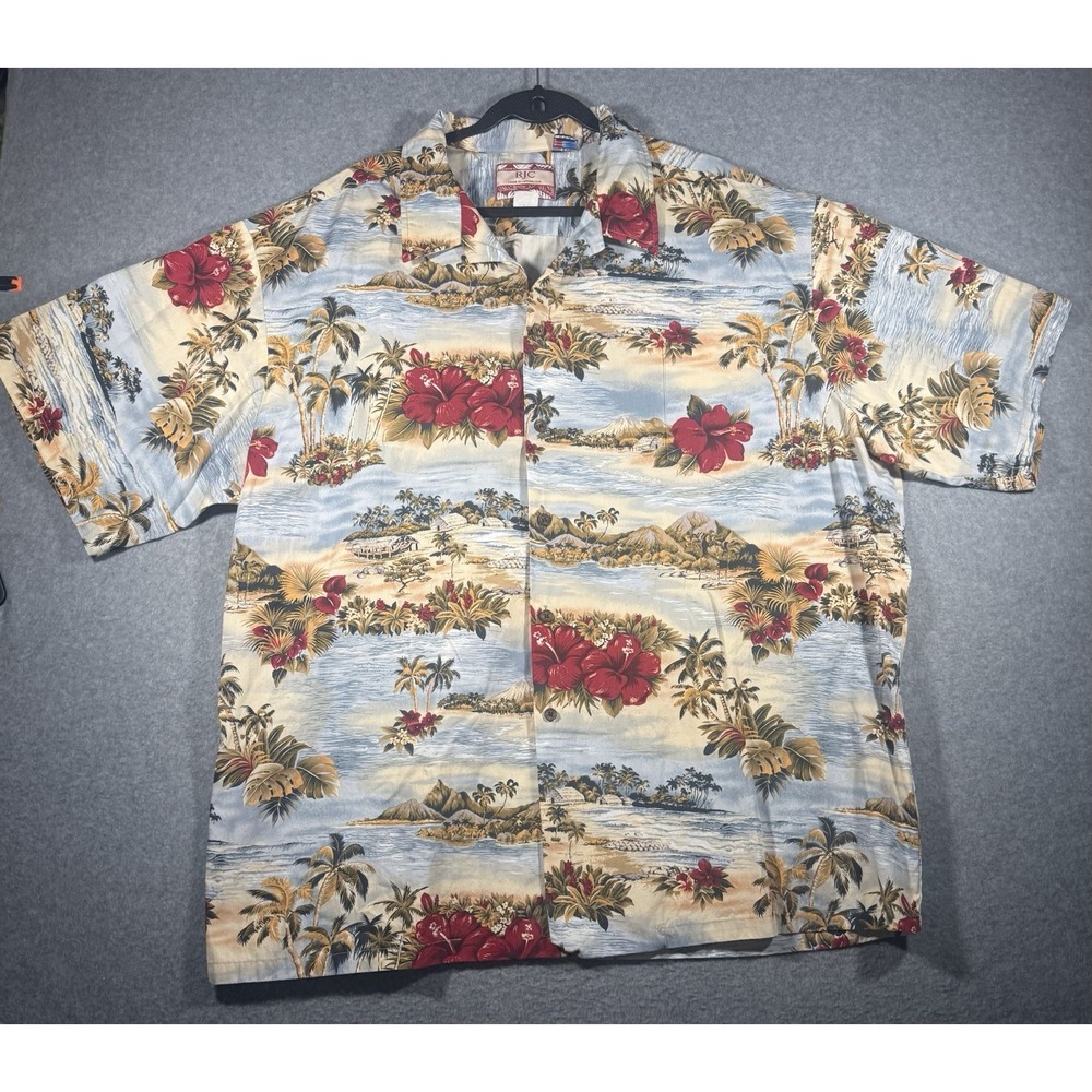 RJC Hawaiian Aloha Shirt Size 4XL Blue Red Hibiscus Palm Beach